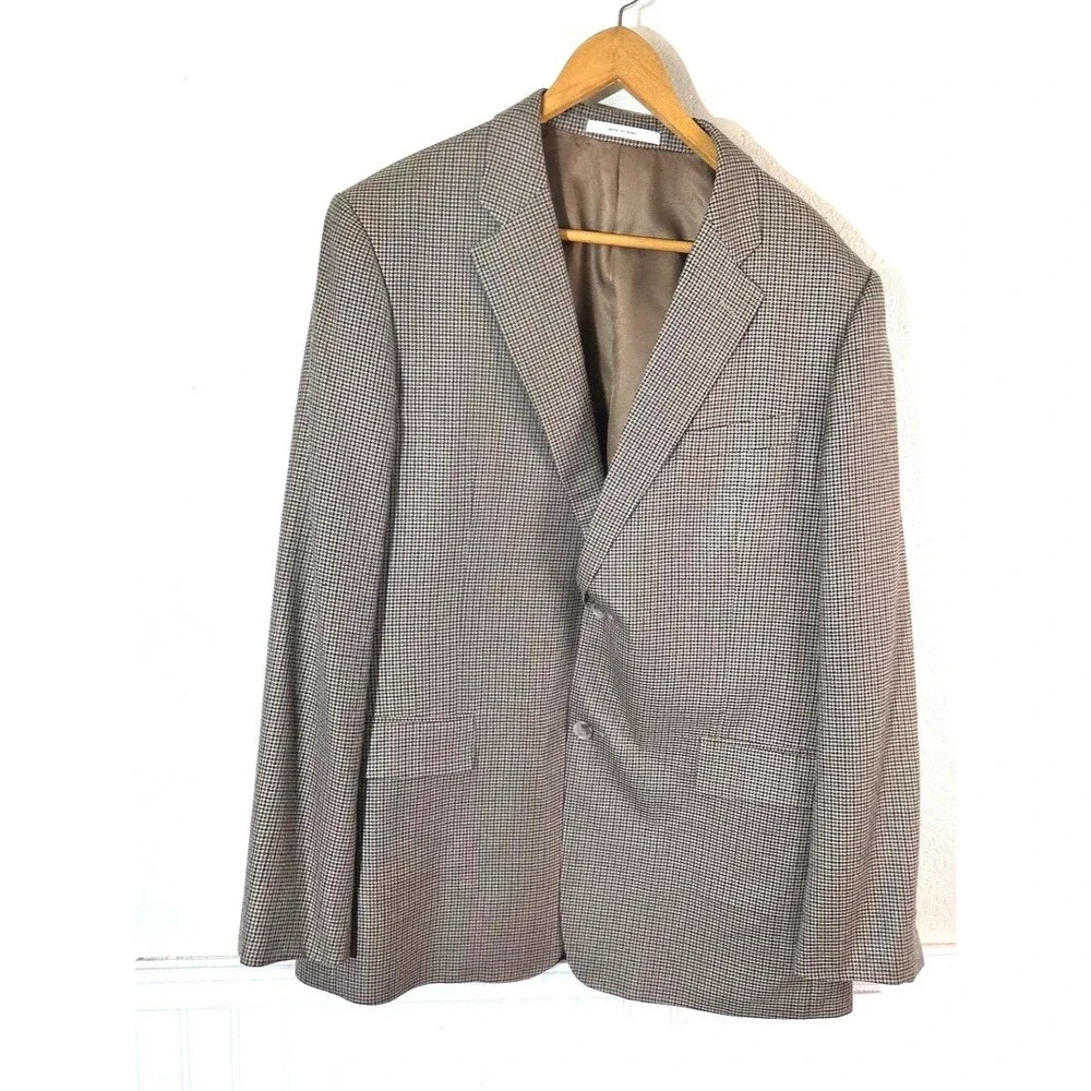 John W Nordstrom Mens 44L Sport Coat Blazer Silk Wool Houndstooth Brown 2 Btn